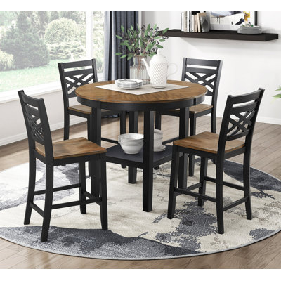 5Pc Counter Height Dining Set Round Table With Storage And 4 Counter Height Chairs 2-Tone Black And Brown Finish Wooden Furniture