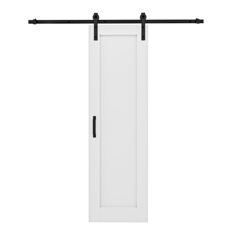 96" White Primed MDF Sliding Barn Door with Black Hardware Kit