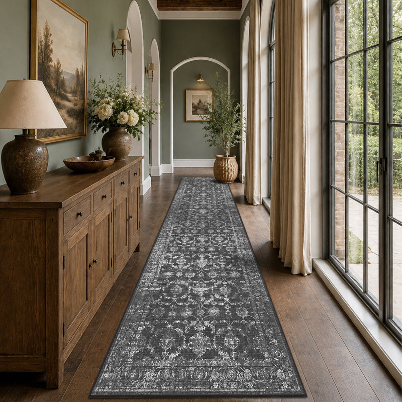 Vintage Boho Area Rug - Washable Non Slip Low Pile Rug, Black, Runner 3' x 10'