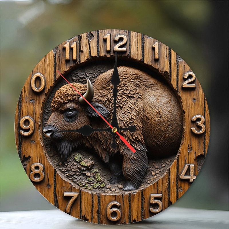Horloge murale en bois bison rustique
