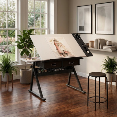 adjustable drawing drafting table desk with 2 drawers for home office and school with stool