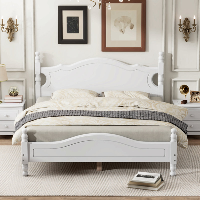 Structure de lit plateforme en bois, lit plateforme de style rétro avec support en lattes de bois, Grand lit, Blanc