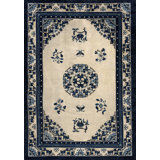 Wool 1920s Blue Ivory Beige Cream White Hand Knotted Pile Rectangle Antique Rug