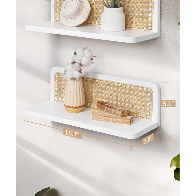 16" White Rattan Floating Shelves, Boho Display Wall Shelves with Cane Webbing, Set of 2