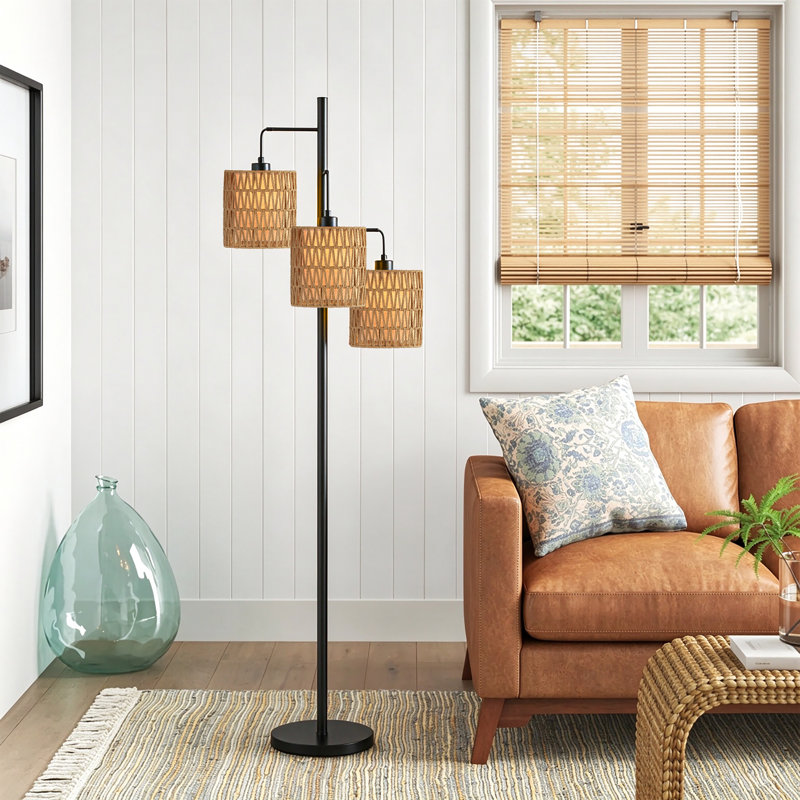 Brenden 65" H 3-Light Tree Floor Lamp with Woven Rattan Shades, Rattan, Matte Black