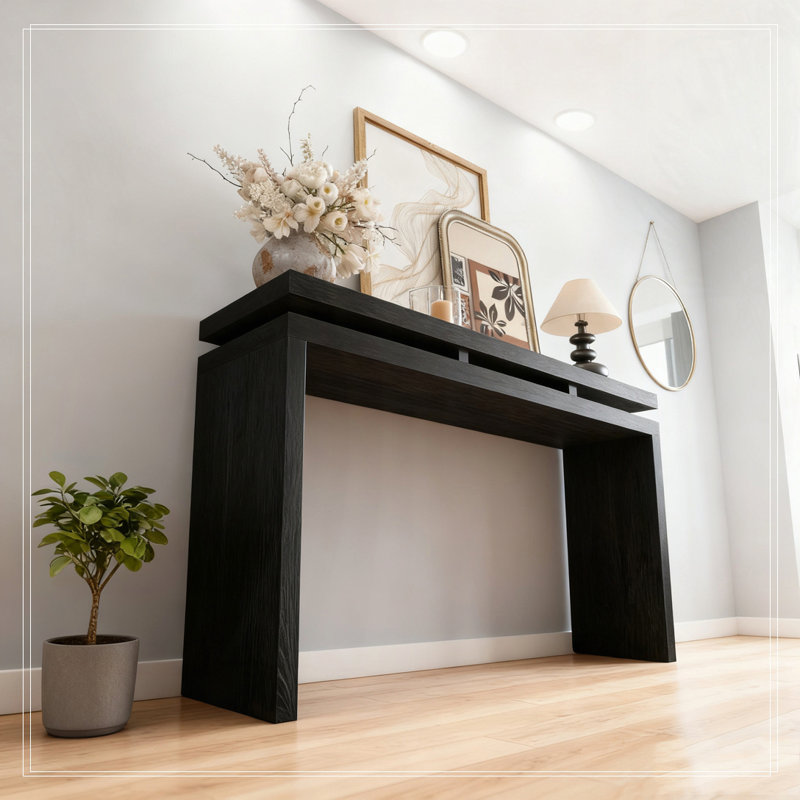 Table de console 60 po avec suspension à deux planches, bois massif et panneau de fibres à densité moyenne, Noir