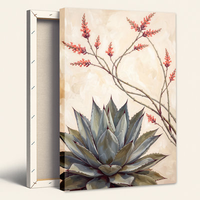 Tableau sur toile représentant une plante succulente Agave gris-bleu et de hautes tiges fleuries rouges