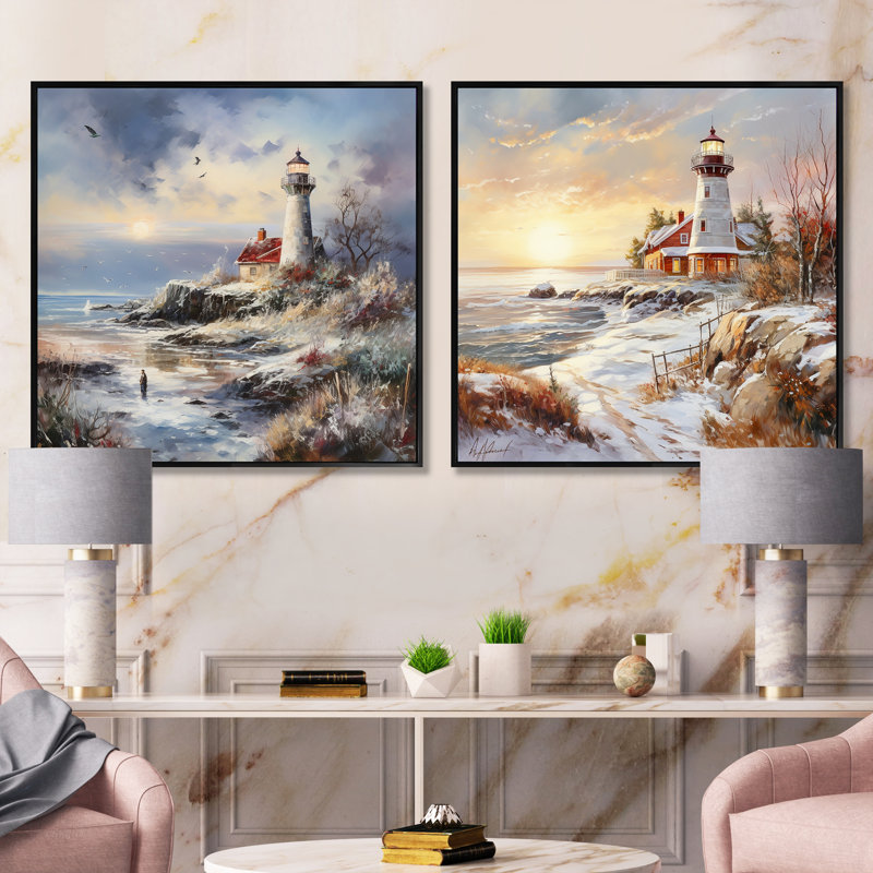 Breloque Coastal Light House en hiver - Ensemble de 2 collages carrés Coastal Light, Cadre flottant noir, H 16 po x l 33 po