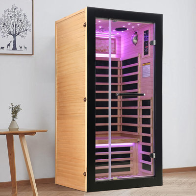1-Person Infrared Sauna, Hemlock Wood Indoor Home Sauna With Carbon Heating Plates & Starry Sky Light, 1450W Energy Efficient Design For Home Spa, Relaxation And Wellness For Adults