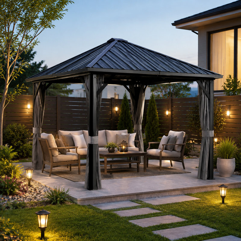 Pavillon de jardin permanent en aluminium noir 10 pi x 10 pi avec système de drainage pour l'extérieur, la cour arrière