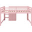 Lit mezzanine double pleine grandeur, rose, avec bureau intégré, bibliothèque, rangement sous le lit, tableau blanc, marqueur et coffre-fort rose avec armoires de rangement ouvertes intégrées