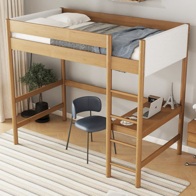 Twin Size Loft Bed With Desk, Upholstered Loft Bed Frame With Ladder, Safety Guardrails,Rubber Wooden,Teddy Fleece Fabric Headboard/Footboard by Harriet Bee