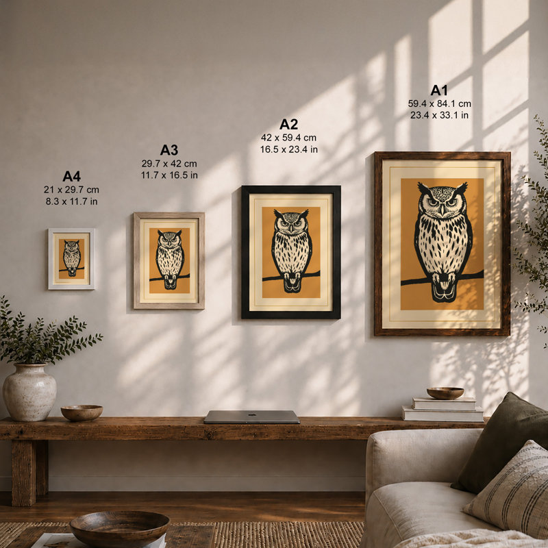 Watchful Owl Japandi - Framed Print, Unframed, A3 - 42.0 x 29.7 cm