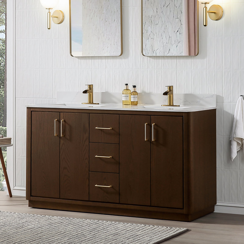 Meuble-lavabo double 60 po avec comptoir en quartz 60 po, Brun
