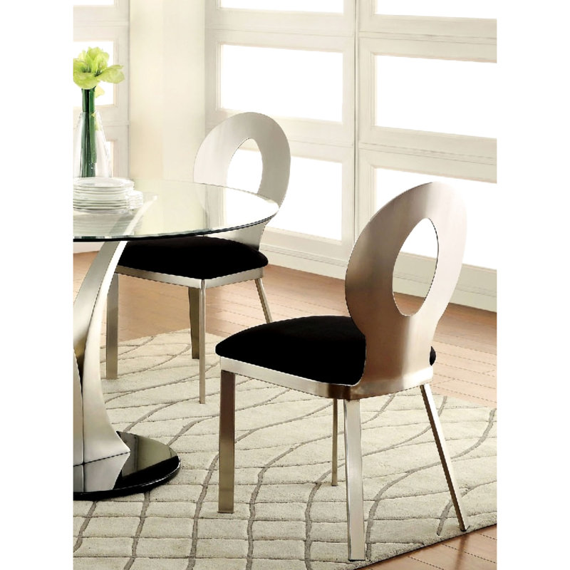 Chaises de salle à manger en métal avec dossier ovale, couleur argent, siège en microfibre noire, 2 rembourrées, 2 pièces