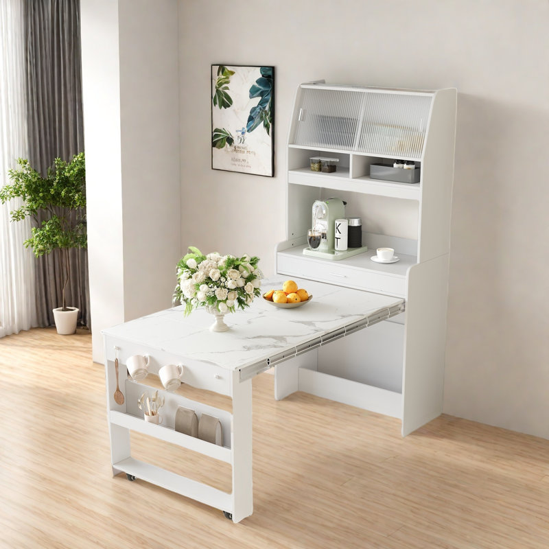 Buffet With Hutch And Foldable Dining Table, Storage Shelves, Side Hooks And A Cabinet With Sliding Doors