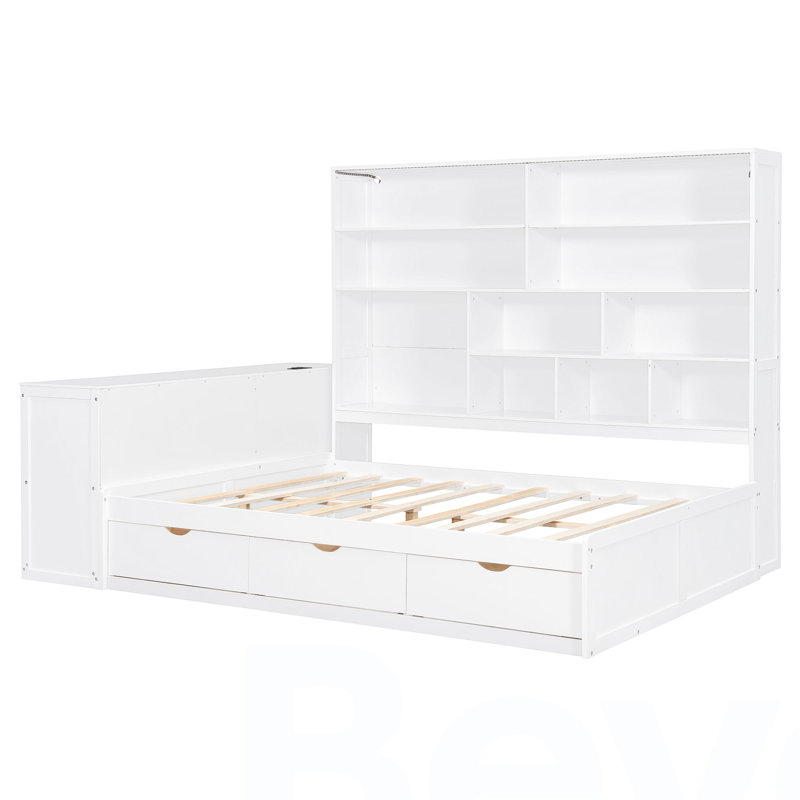 Lit de jour double en bois avec trois tiroirs, bureau, tablettes et lumières, blanc, Blanc