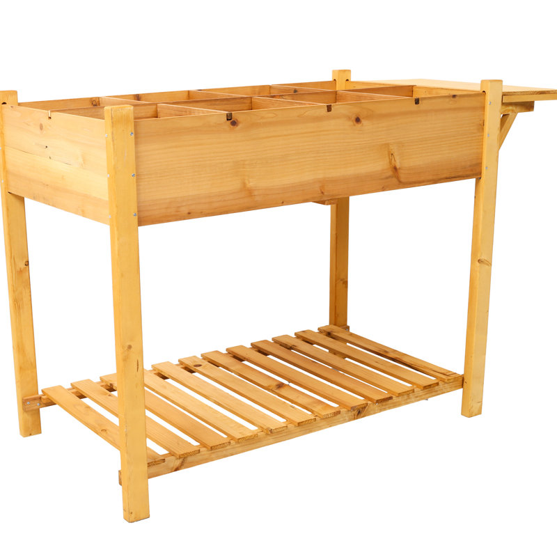 Raised Wood Planter With 8 Grow Grids And Foldable Side Table For Gardens Drainage System Plants
