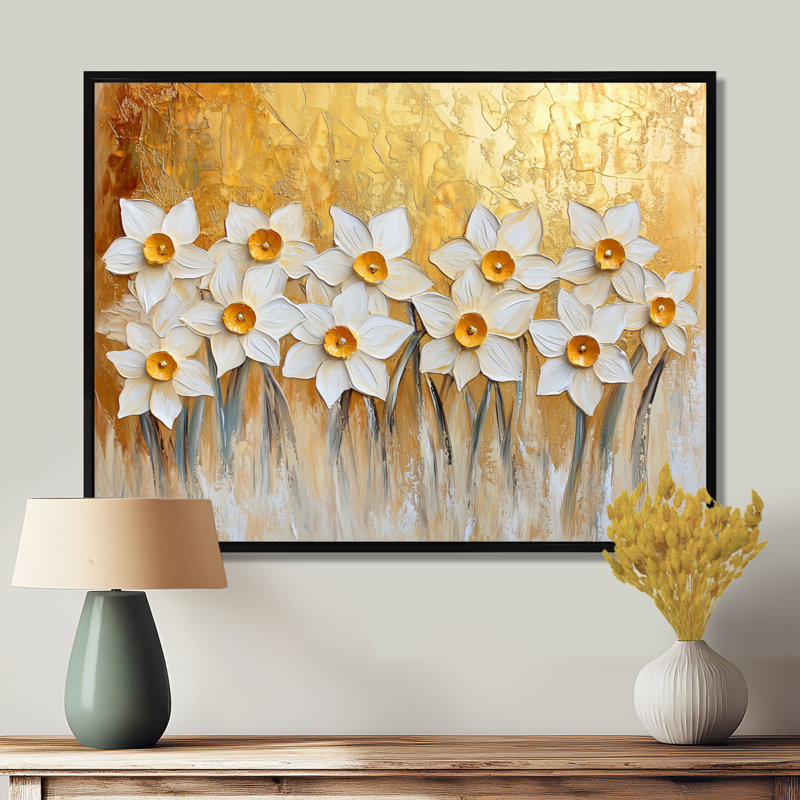 Impression sur toile «Golden Harmony Of Daffodils In Summer I», 34" H x 44" W, Floater Framed Print, Black