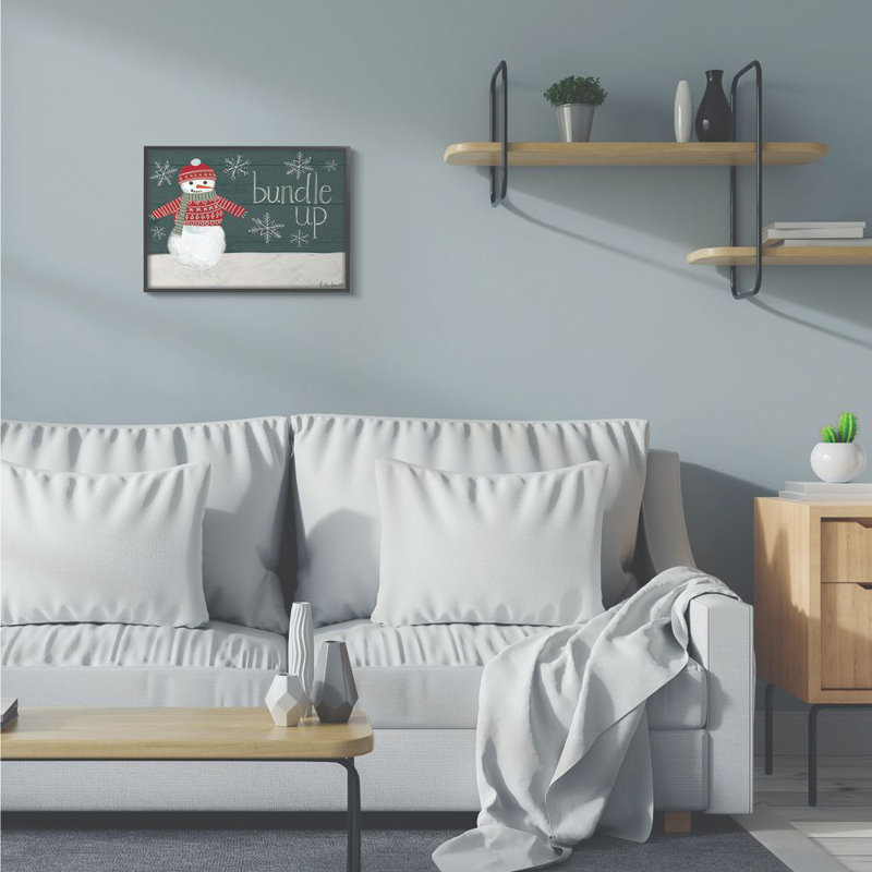 " Bundle Up Snowman ", Midnight Black Framed Giclee, 16" H x 20" W