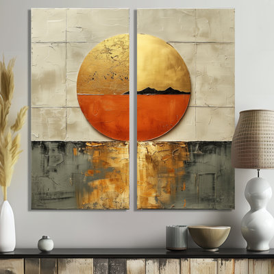 Coucher de soleil japonais doré sur lac - grand art mural japonais 2 pièces