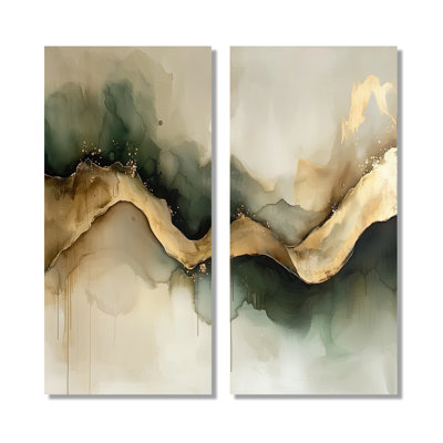 Abstract Liquid Ink Divide Fight Of Emerald - Liquid Ink Abstract Wall Art Wall Art Decor, Gold Abstract Set Of 2