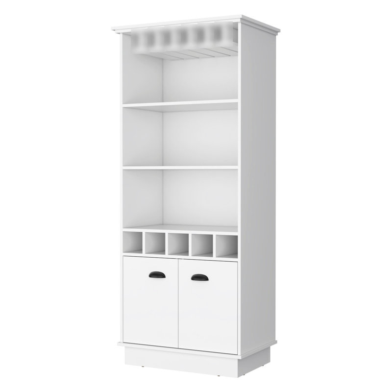 White Bar Cabinet With Storage Options - 3 Shelves, 5 Bottle , Glassware Rack Feature Elegant In For Organized Area, White