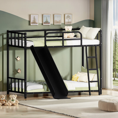 Black Metal Bunk Bed, Slide And Feature Layout, Space - Saving In ' Rooms, Secure Guardrails Easy Assembly Approach Bed With Slide, Design For Bedroom, Secured Safe Sleep, To Assemble