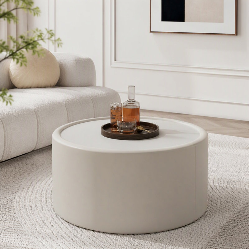 Table basse ronde avec plateau en verre trempé et rangement caché, L 27,56 po, Cream White