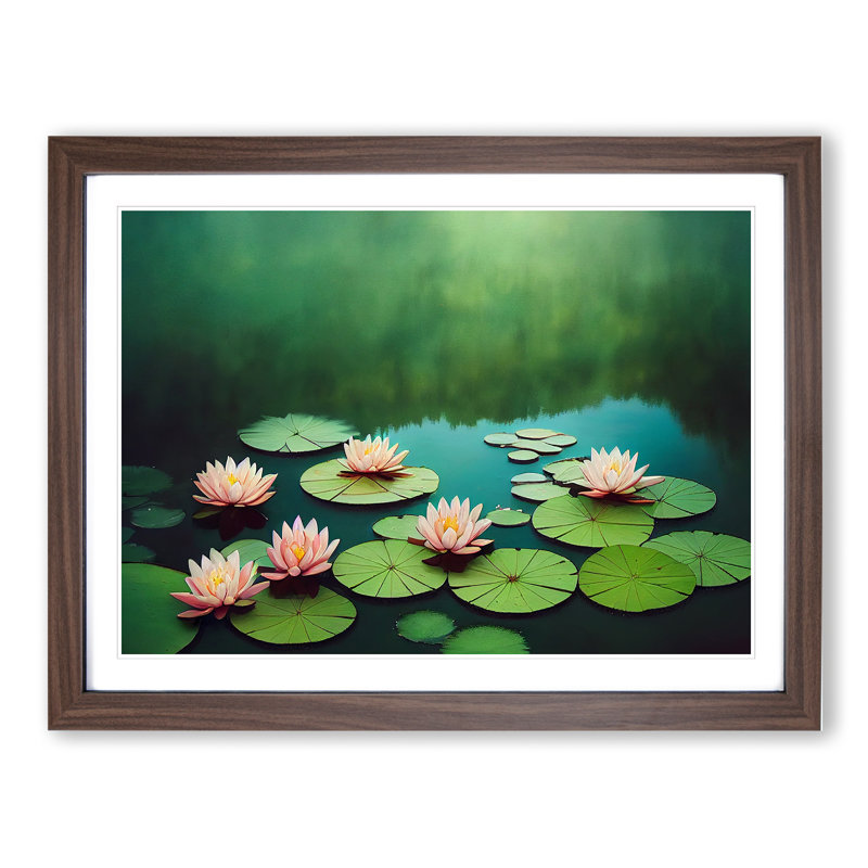 Reflective Water Lily Pond - Single Picture Frame Print, 25cm H x 34cm W x 2cm D, Walnut Framed