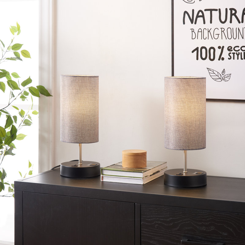 Ensemble de 2 lampes de table 15 "avec base noire 15" avec abat-jour tambour en lin gris et ports de charge USB 15 "David