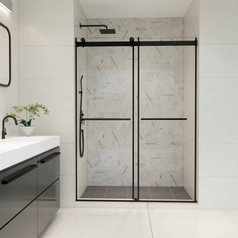 Porte de douche à rouleau exposée sans cadre de style noir mat avec verre transparent Belizzi l 56 po x H 76 po