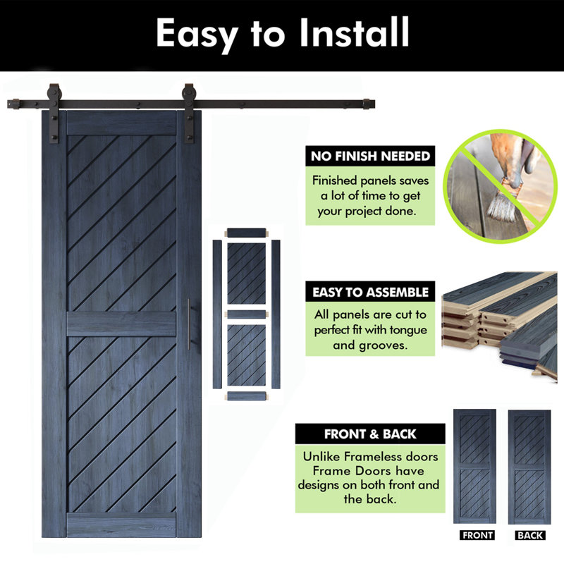 Homacer Navy Unassembled & Finished Slanted Stripe Design Two Barn Door with Non-Bypass Installation Hardware Kit, interior use only