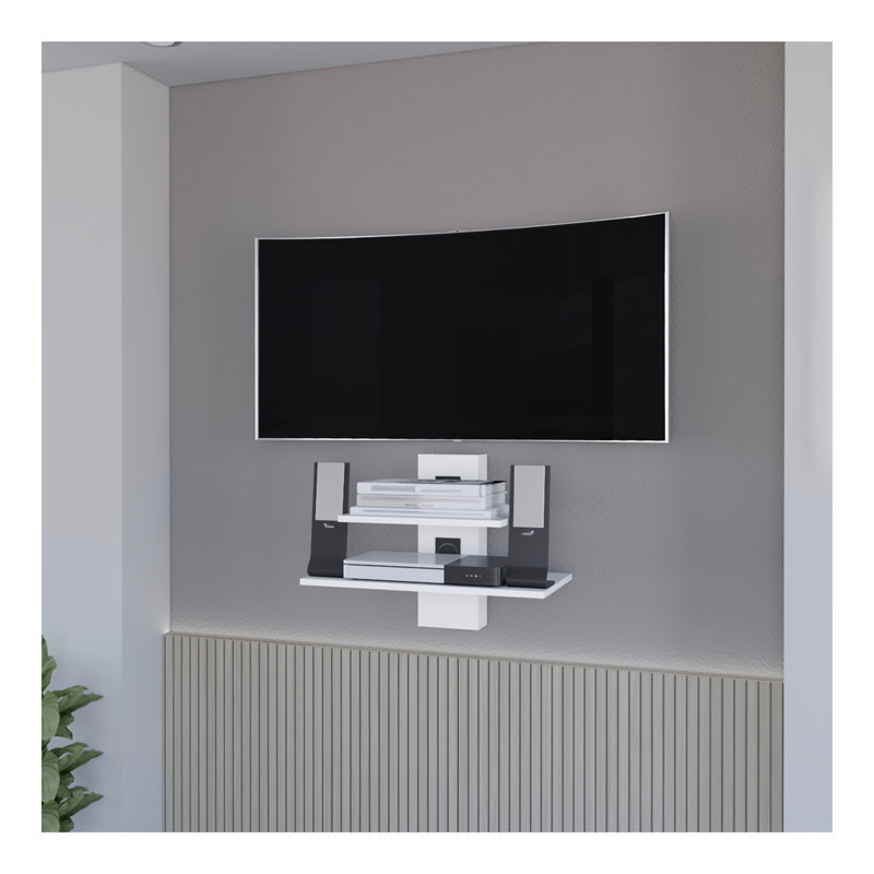 Tablette flottante Minot, unité murale élégante à deux tablettes avec gestion des câbles, Particle Board
