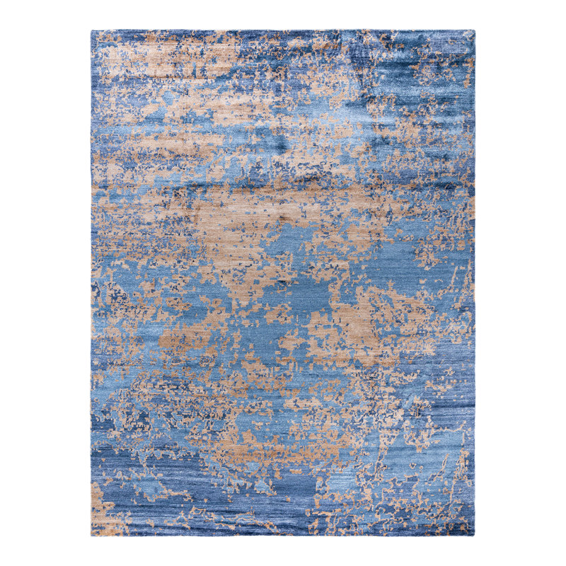 Luxurious Blue Hand-Knotted Silk Rectangular Area Rug