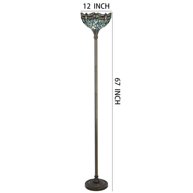Tiffany Floor Lamp Torchiere Stained Glass Dragonfly Style Torch Lamp 12X12X67 Inch Antique Standing Corner Light, Sea Blue