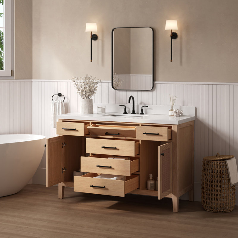 Meuble-lavabo à simple cuve avec plateau en quartz blanc pur Broeder, Forme rectangulaire, 55"