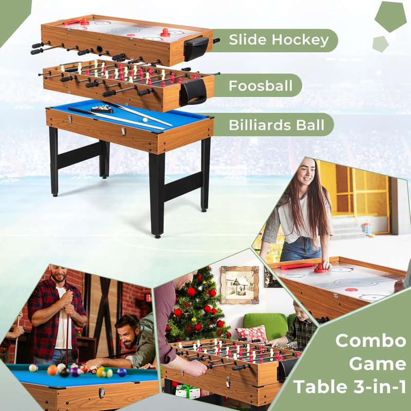 48'' 3-in-1 Wood Multi-Game Table with Foosball, Hockey, and Billiards