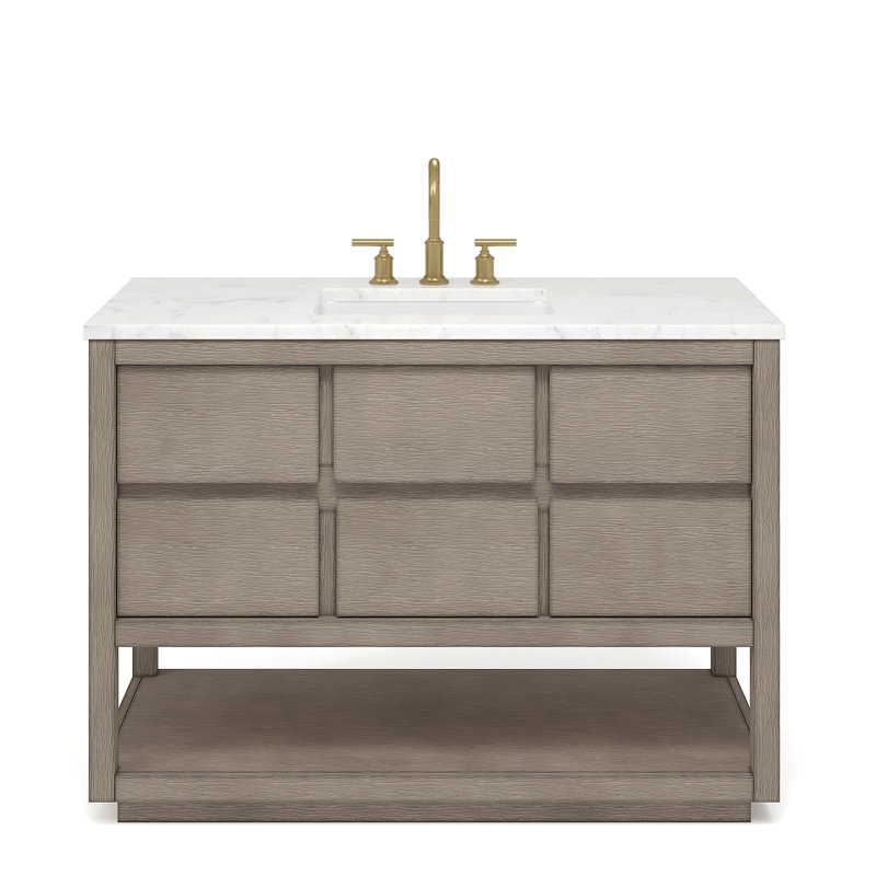Oakman 48 In. Double Sink Carrara White Marble Countertop Bath Vanity In Grey Oak With Gold Faucets