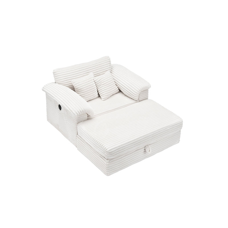 Fauteuil confortable en velours côtelé enveloppé de ressorts avec tabouret de rangement et deux ports USB, idéal pour le salon et la chambre à coucher