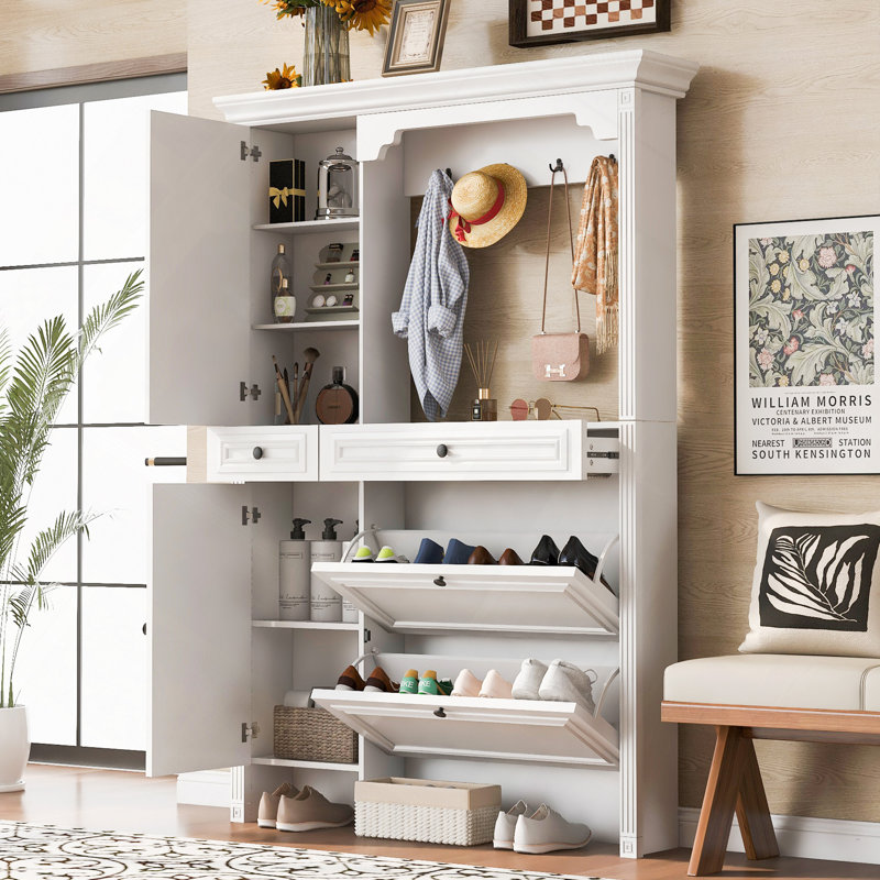 54.7'' Hall Tree With Integrated Shoe Cabinet, Mirrored Door, Coat Hanger, And Entryway Bench, 4-In-1 Design, 2 Flip Drawers, 4 Hooks, And 2 Cabinets For Entrance And Living Room