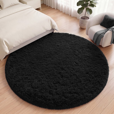 Tapis rond doux et moelleux de 6 pi x 6 pi pour la chambre à coucher, noir