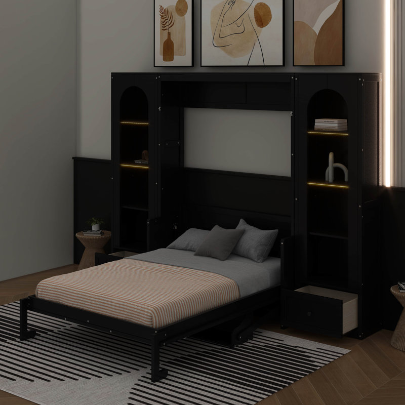 Grand lit plateforme escamotable avec tablette, armoires latérales, tiroirs et DEL, Noir