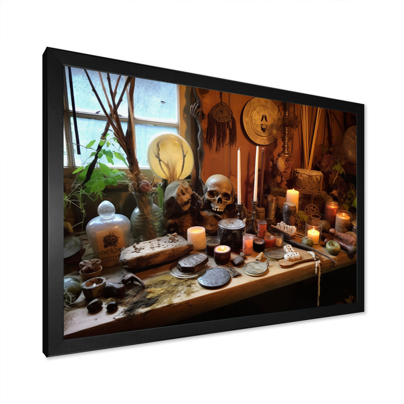 " Shamanic Altar With Sacred Objects ", 12" H x 20" W x 1" D, Black Single Picture Framed