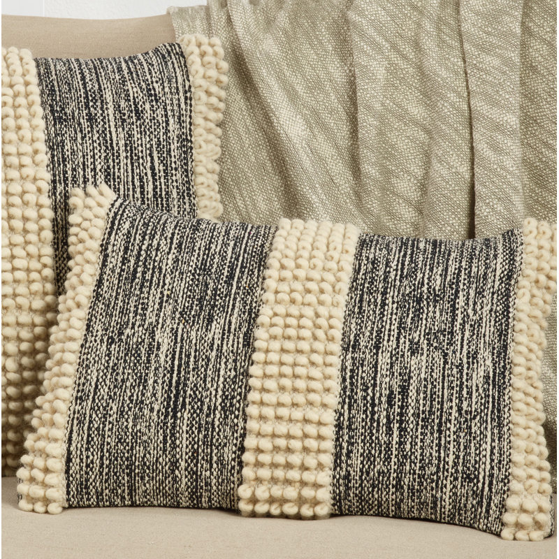 Cream and Black Cotton Pom-Pom Striped Throw Pillow Cover