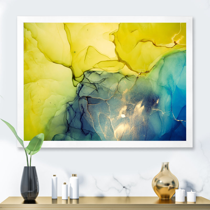 Jaune et bleu, vagues de marbre II - peinture sur toile, H 12 po x l 20 po x P 1 po, Cadre photo blanc