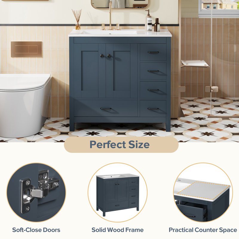 Meuble-lavabo bleu 36 po avec lavabo en céramique, portes à fermeture douce et 5 tiroirs