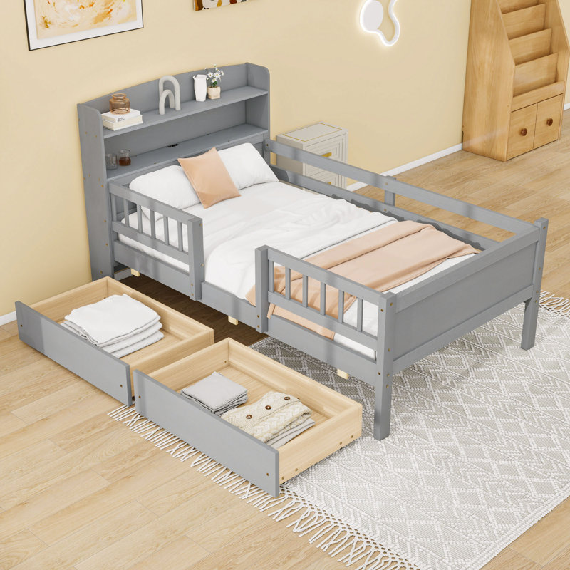 Lit plateforme simple en bois 2 tiroirs avec tablettes et DEL, gris