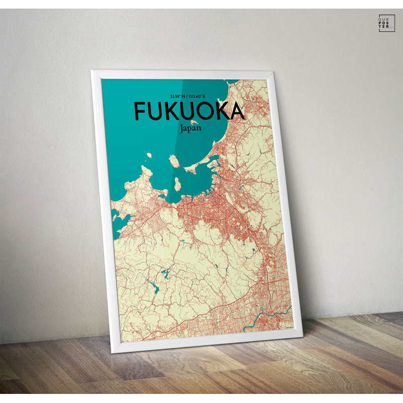 « fukuoka city map », reproduction d’impression sur affiche en couleur, H 20 po x l 16 po