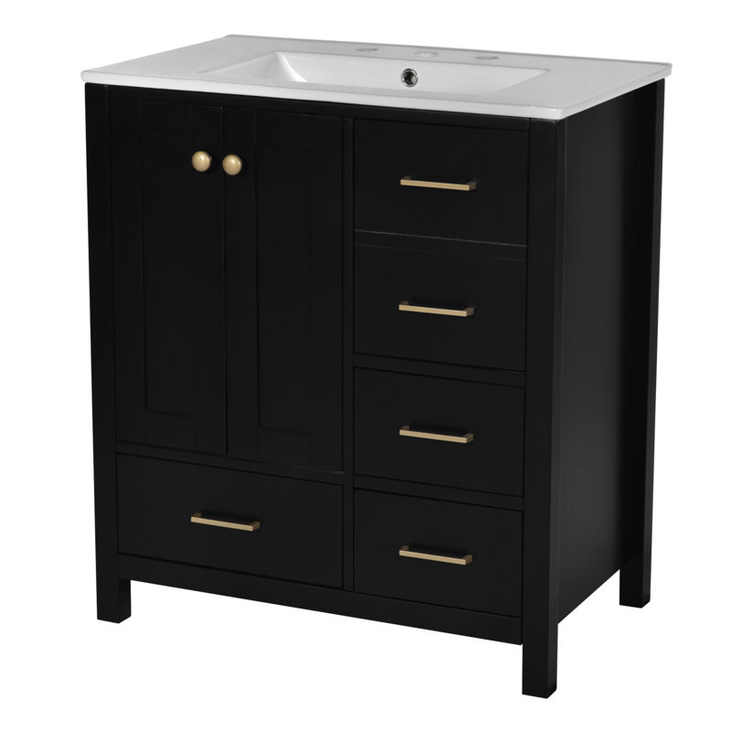 Ensemble de meuble-lavabo avec lavabo en résine 30 po, armoire de rangement en bois massif, ensemble de meuble-lavabo autoportant avec 4 tiroirs et portes à fermeture douce